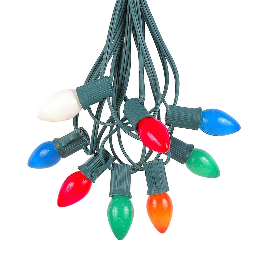 Picture of 25 Light String Set with Multi Ceramic C7 Bulbs on Green Wire