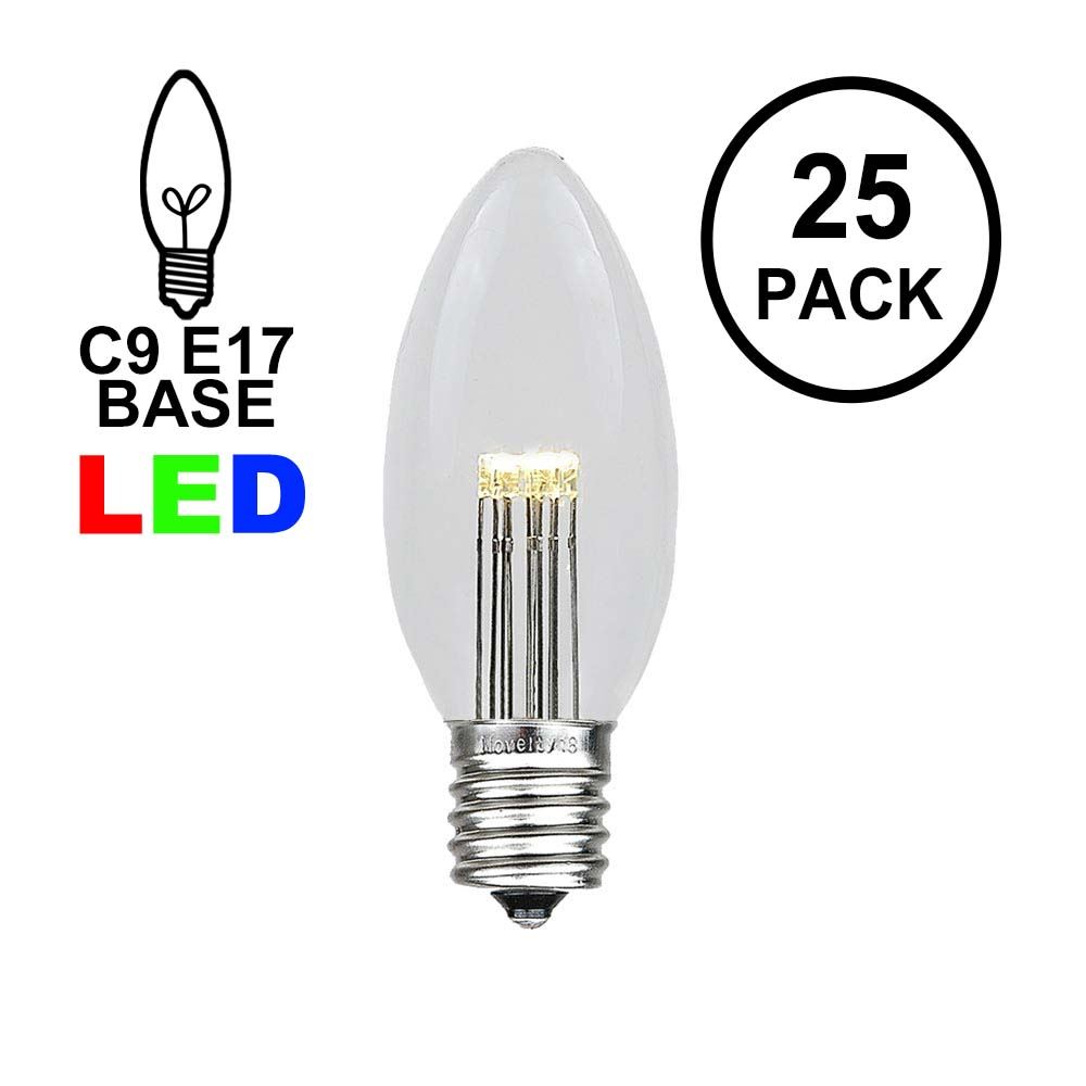Pack of 25 Soft Warm White Replacement Christmas Light Bulbs Smooth Candle Shape Commercial Grade E17 Socket Roof Lights Bulbs C9 Christmas Lights LED Bulb 