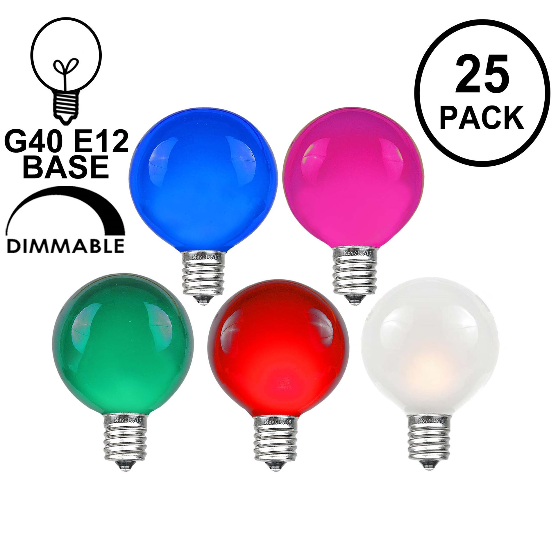 UL Listed Globe Bulbs for Indoor Outdoor Commercial Festival Use 5Watt Replacement Glass Bulb for G40 Strand 25 Pack Multicolor Transparent G40 Globe Bulbs with E12/C7 Screw Base