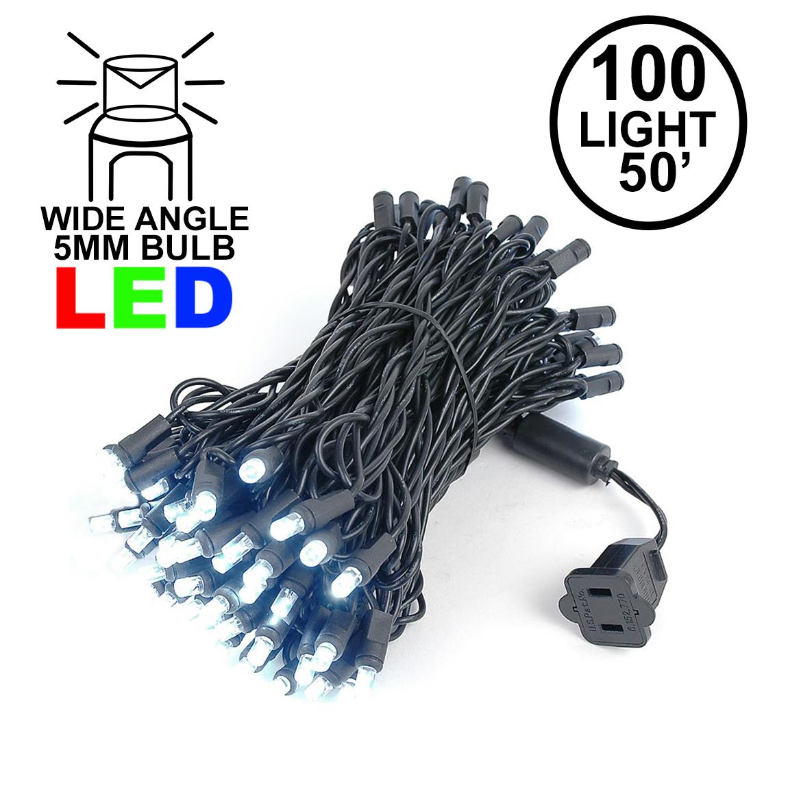 Picture of Commercial Grade Wide Angle 100 LED Pure White  50' Long on Black Wire