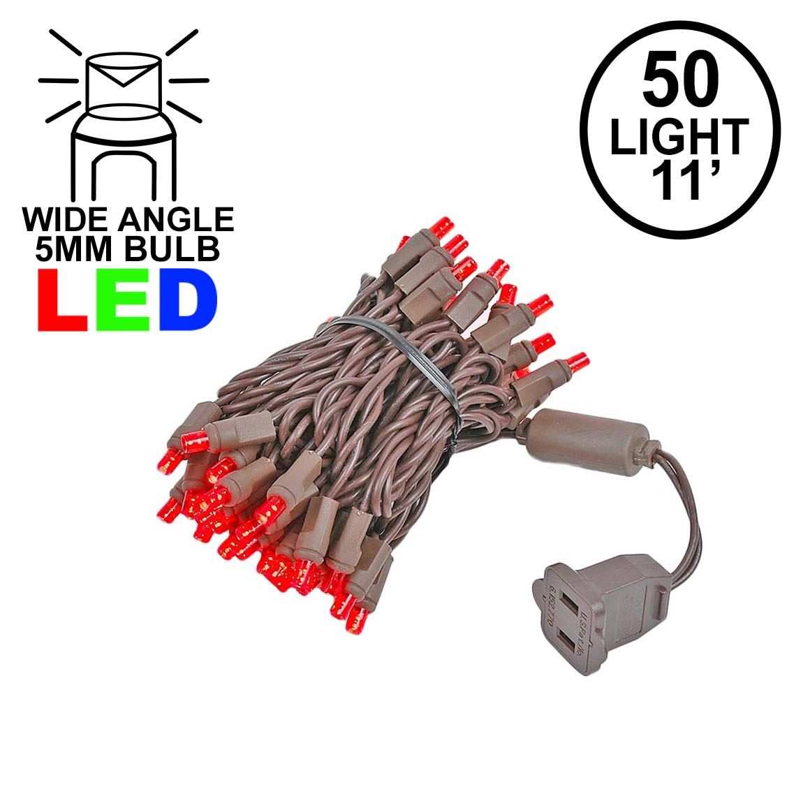 Picture of 50 LED Red LED Christmas Lights 11' Long on Brown Wire