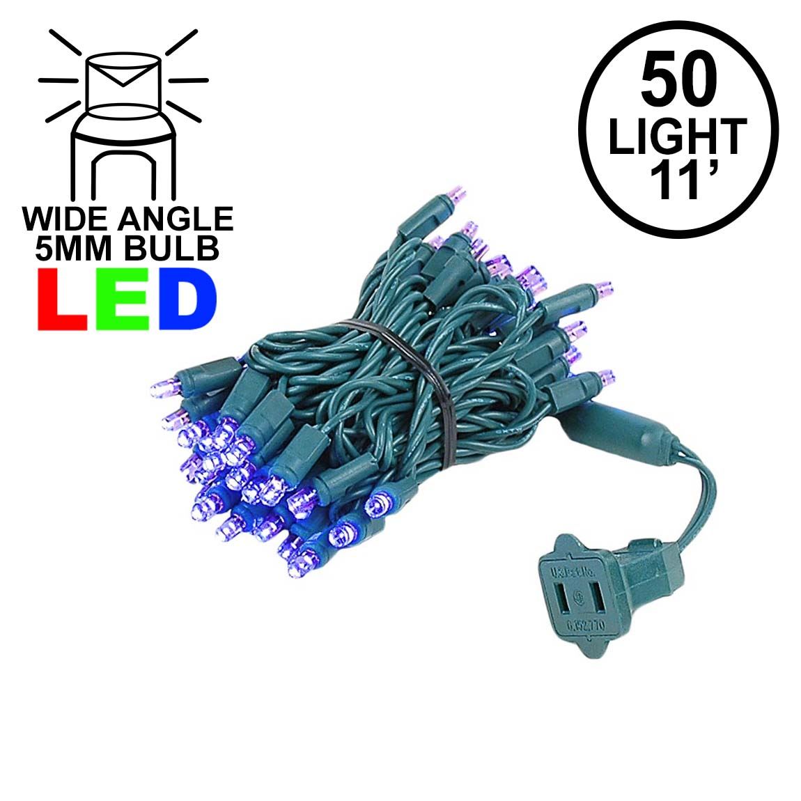 Picture of 50 LED Purple LED Christmas Lights 11' Long on Green Wire