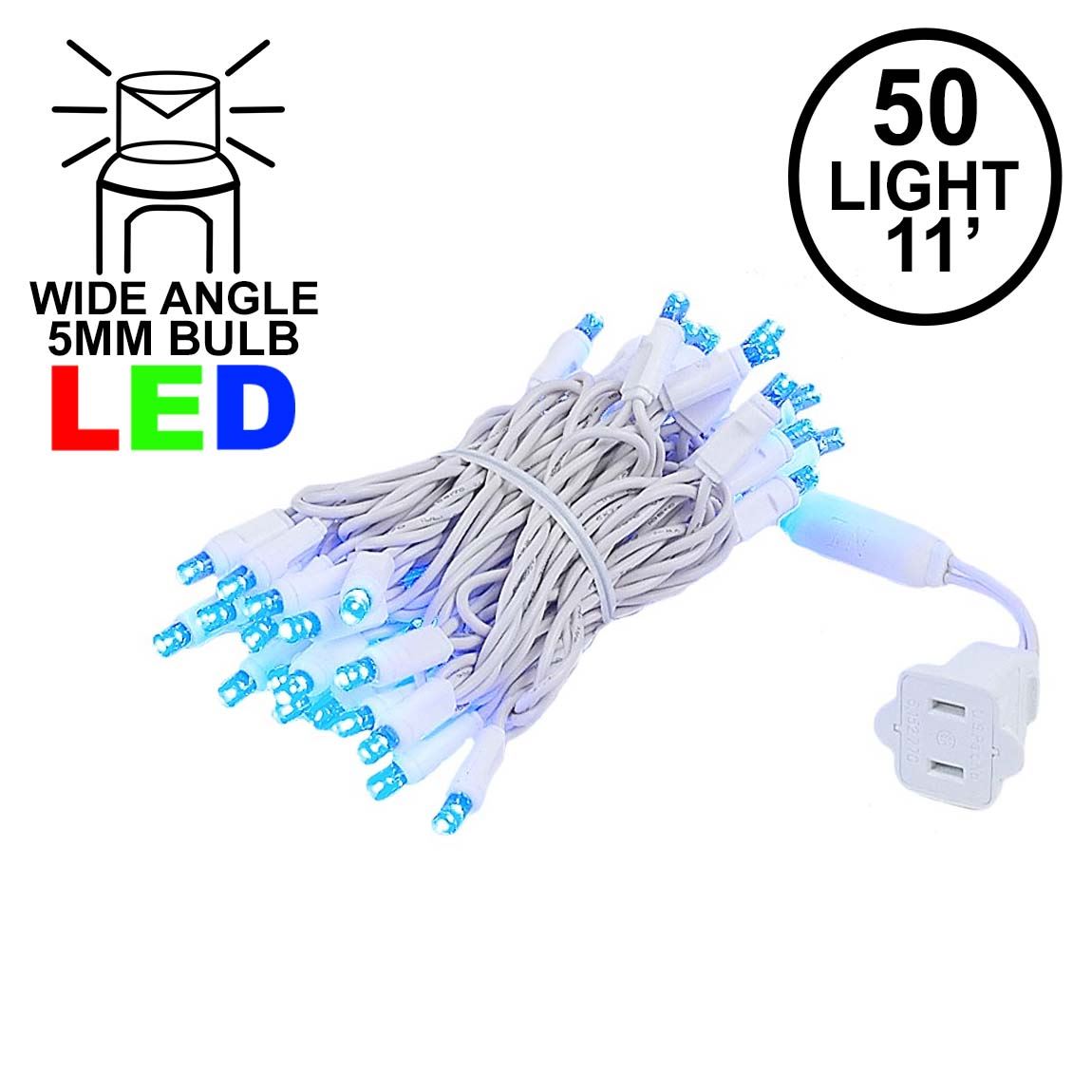 Picture of 50 LED Blue LED Christmas Lights 11' Long on White Wire