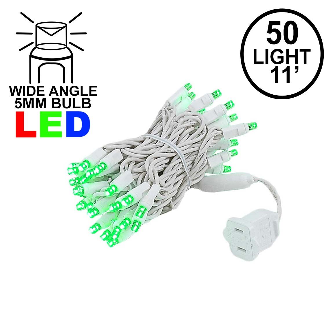 Picture of 50 LED Green LED Christmas Lights 11' Long on White Wire