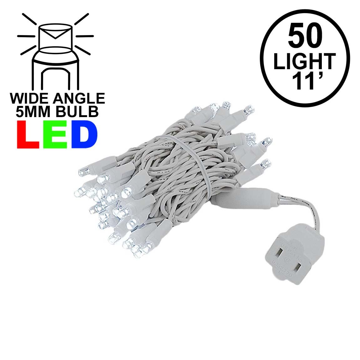 Picture of 50 LED Pure White LED Christmas Lights 11' Long on White Wire