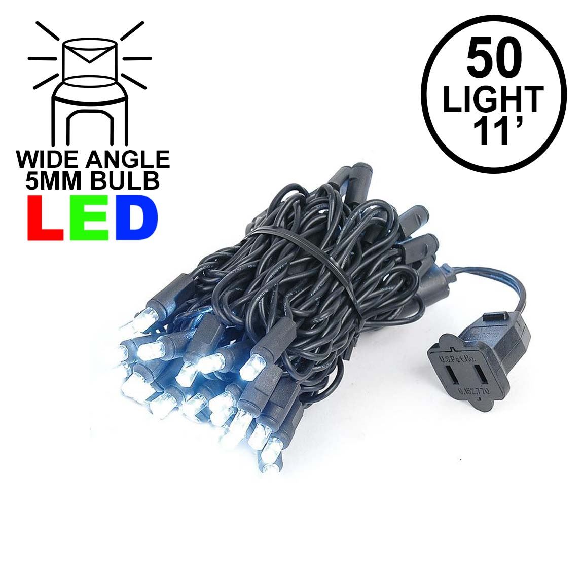 Picture of 50 LED Pure White LED Christmas Lights 11' Long on Black Wire