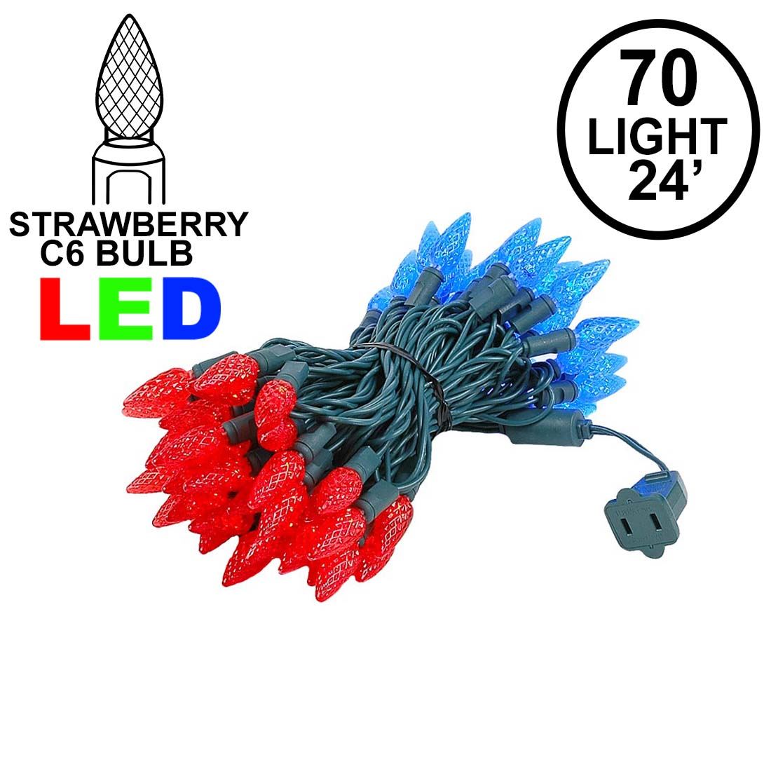 Picture of Red and Blue 70 LED C6 Strawberry Mini Lights Commercial Grade Green Wire