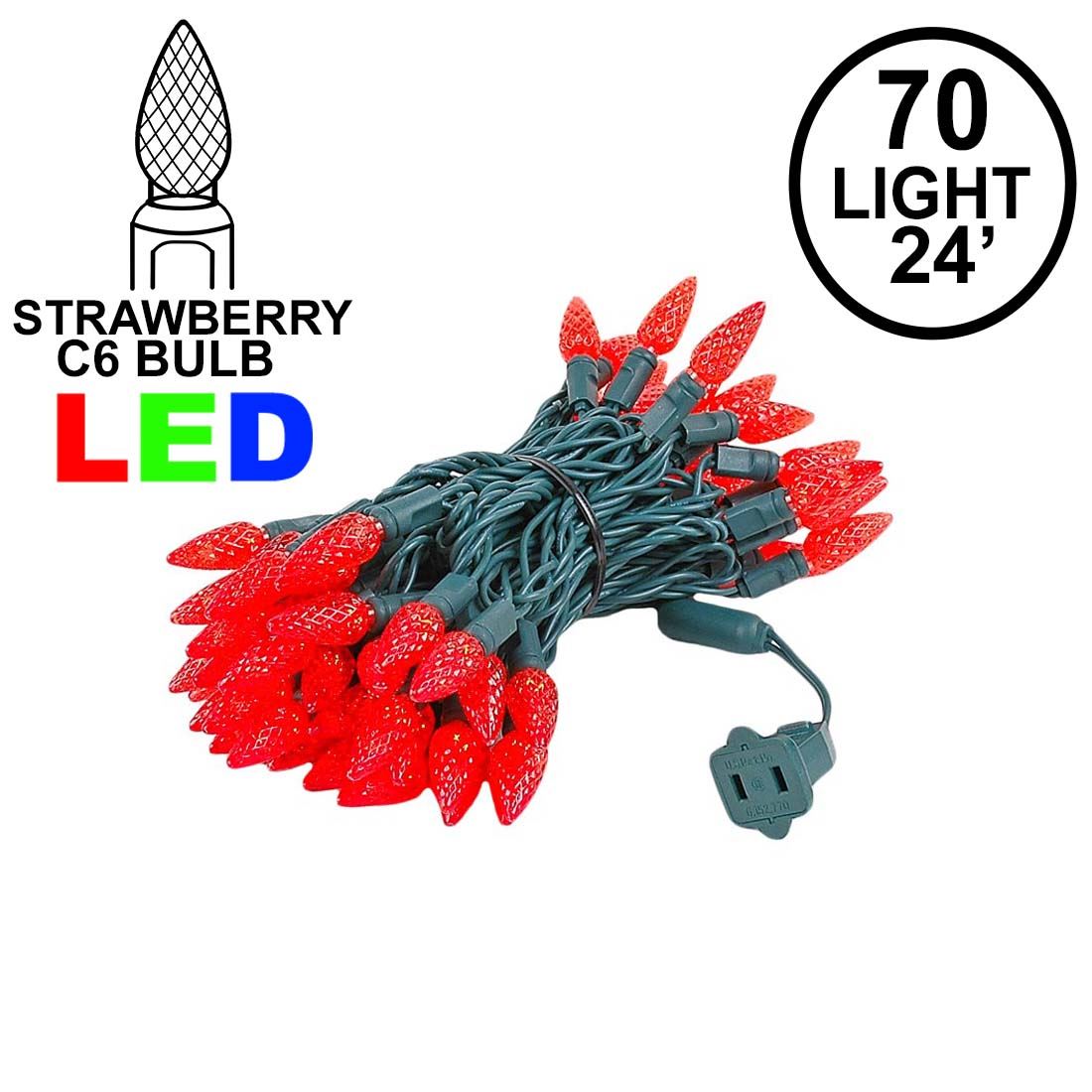 Picture of Red 70 LED C6 Strawberry Mini Lights Commercial Grade on Green Wire