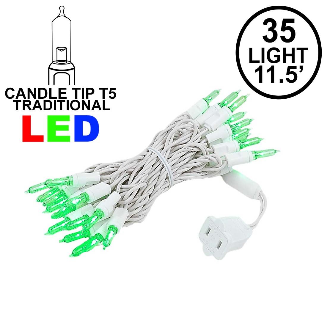 Picture of 35 Light Traditional T5 Green LED Mini Lights White Wire