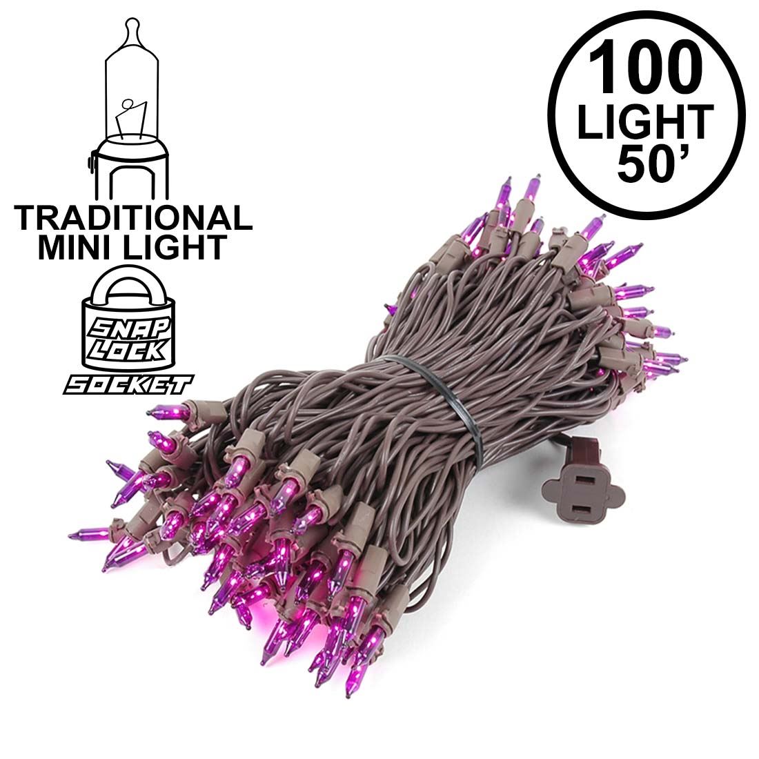 Picture of Purple Christmas Mini Lights 100 Light 50 Feet Long on Brown Wire