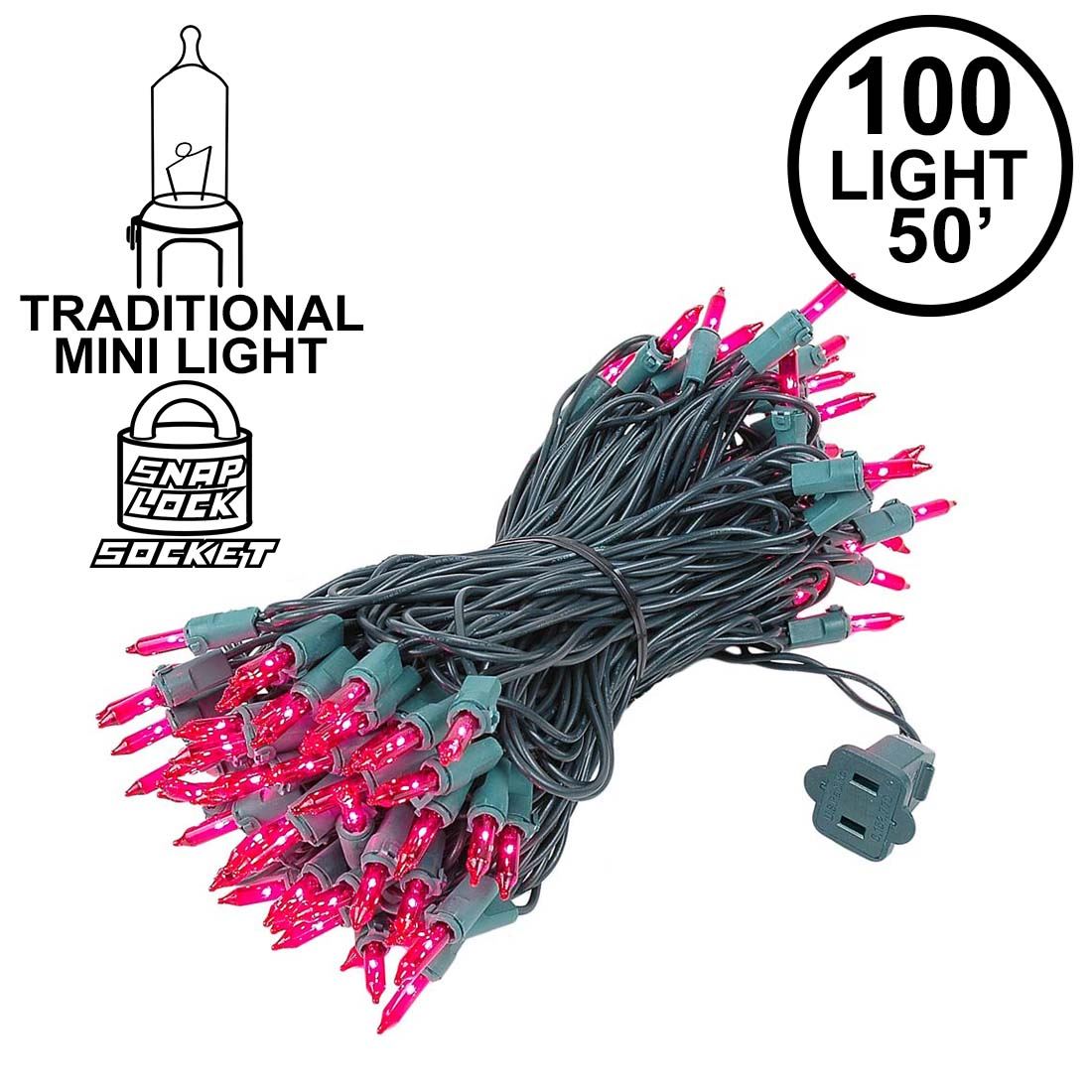 Picture of Pink Christmas Mini Lights 100 Light 50 Feet Long on Green Wire