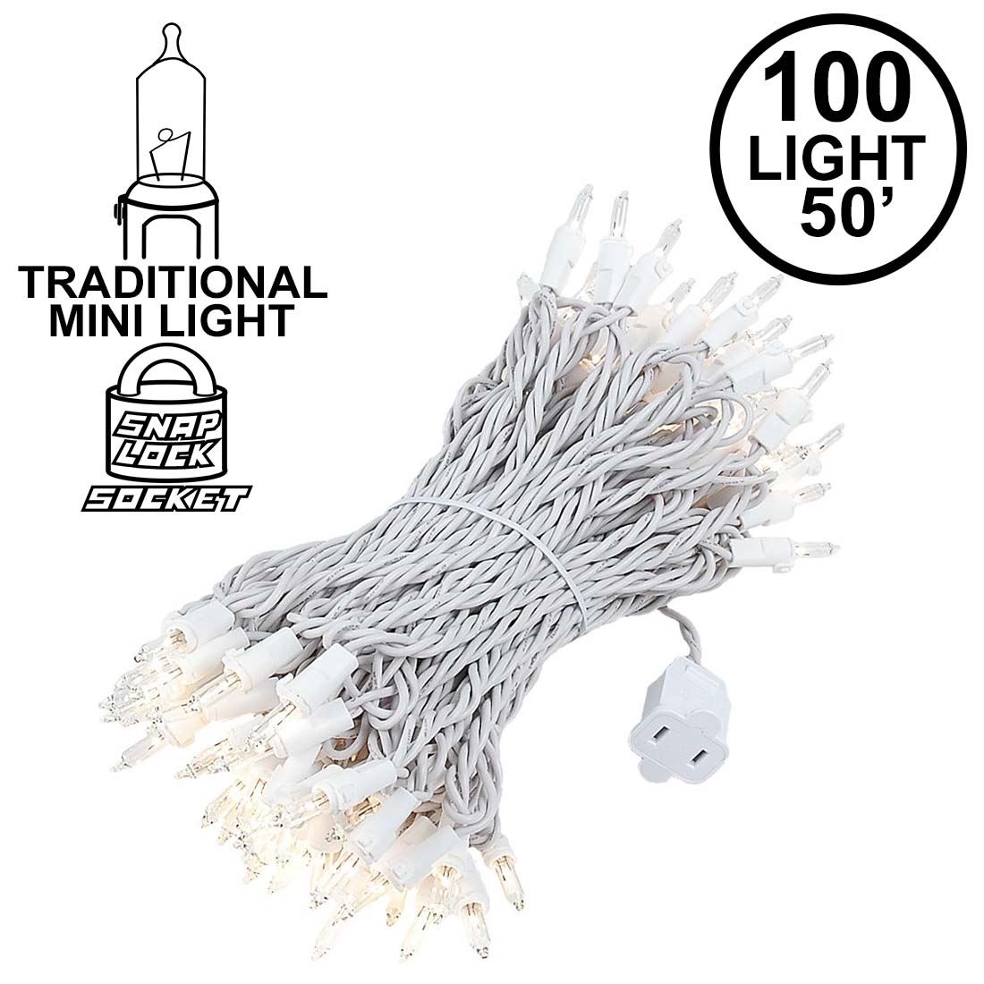Picture of Clear Christmas Mini Lights 100 Light 50 Feet Long on White Wire