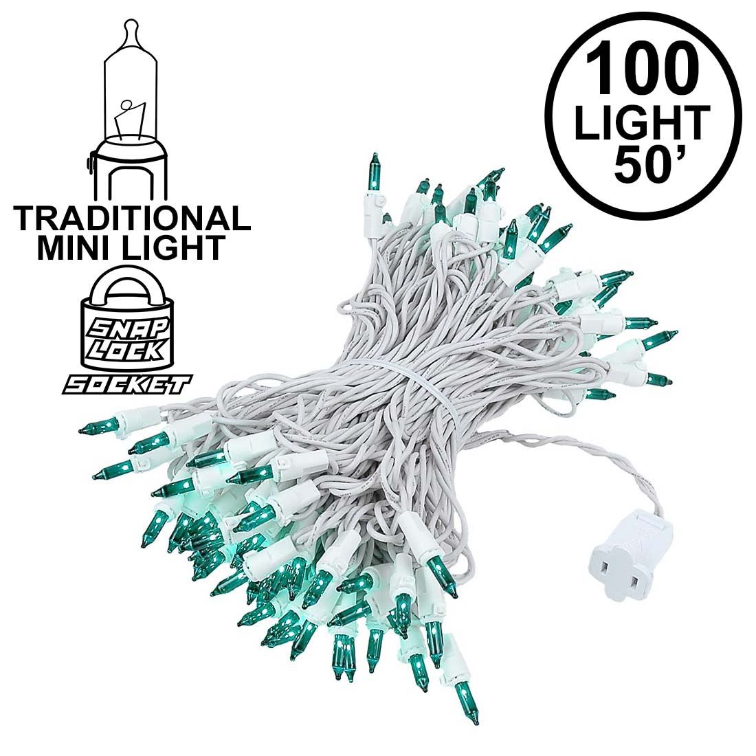 Picture of Green Christmas Mini Lights 100 Light 50 Feet Long on White Wire