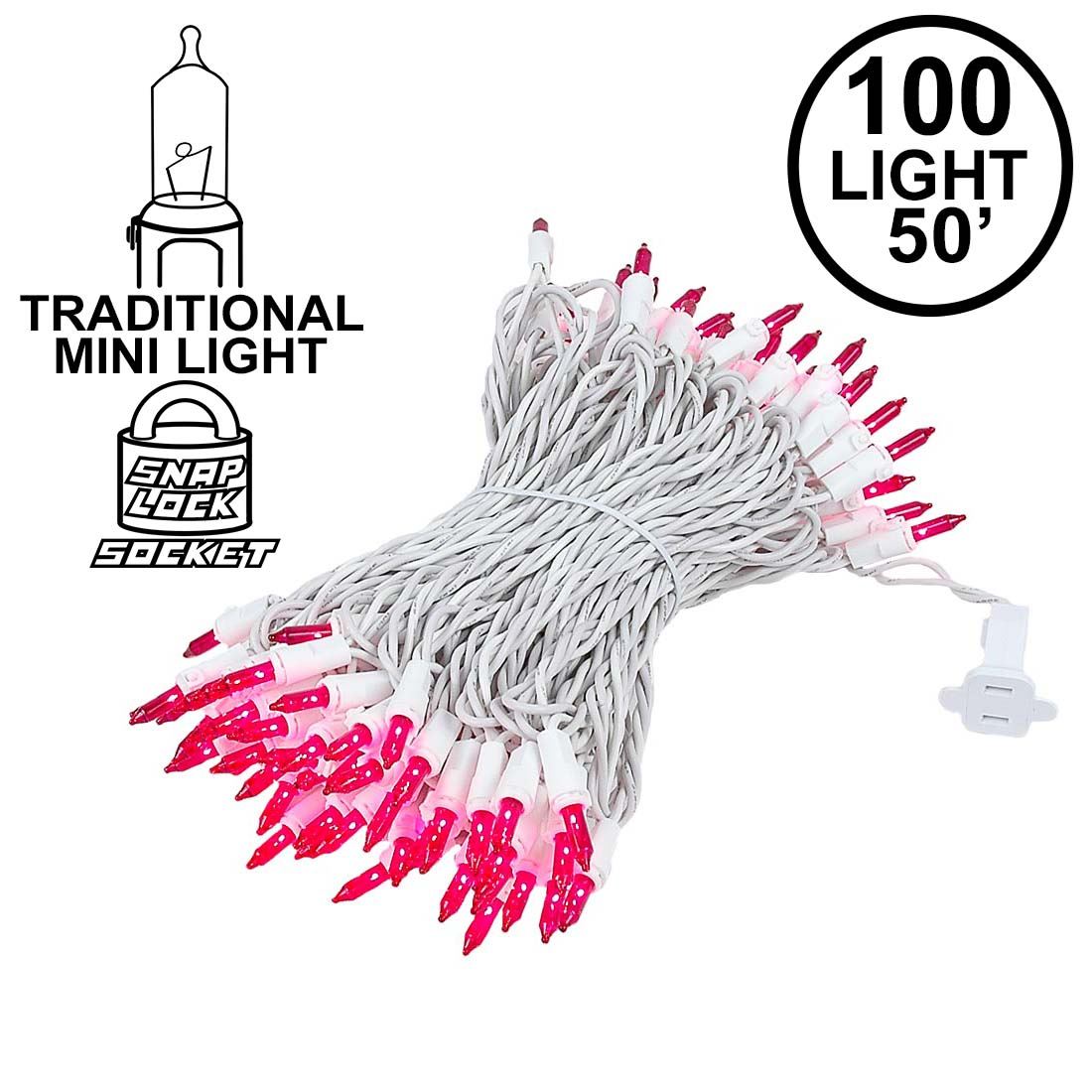 Picture of Pink Christmas Mini Lights 100 Light 50 Feet Long on White Wire