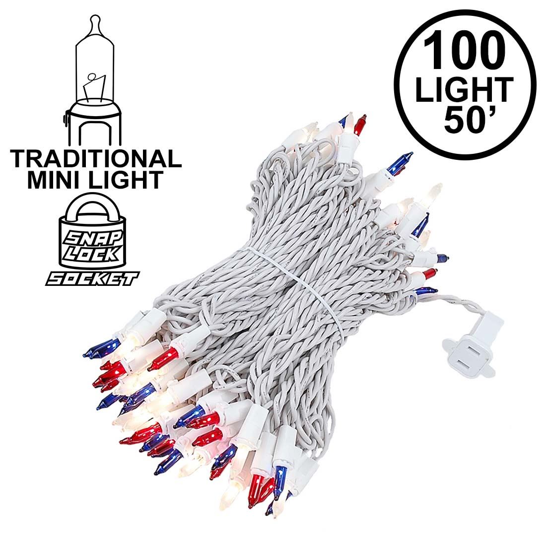 Picture of Red/White/Blue Christmas Mini Lights 100 Light 50 Feet Long on White Wire