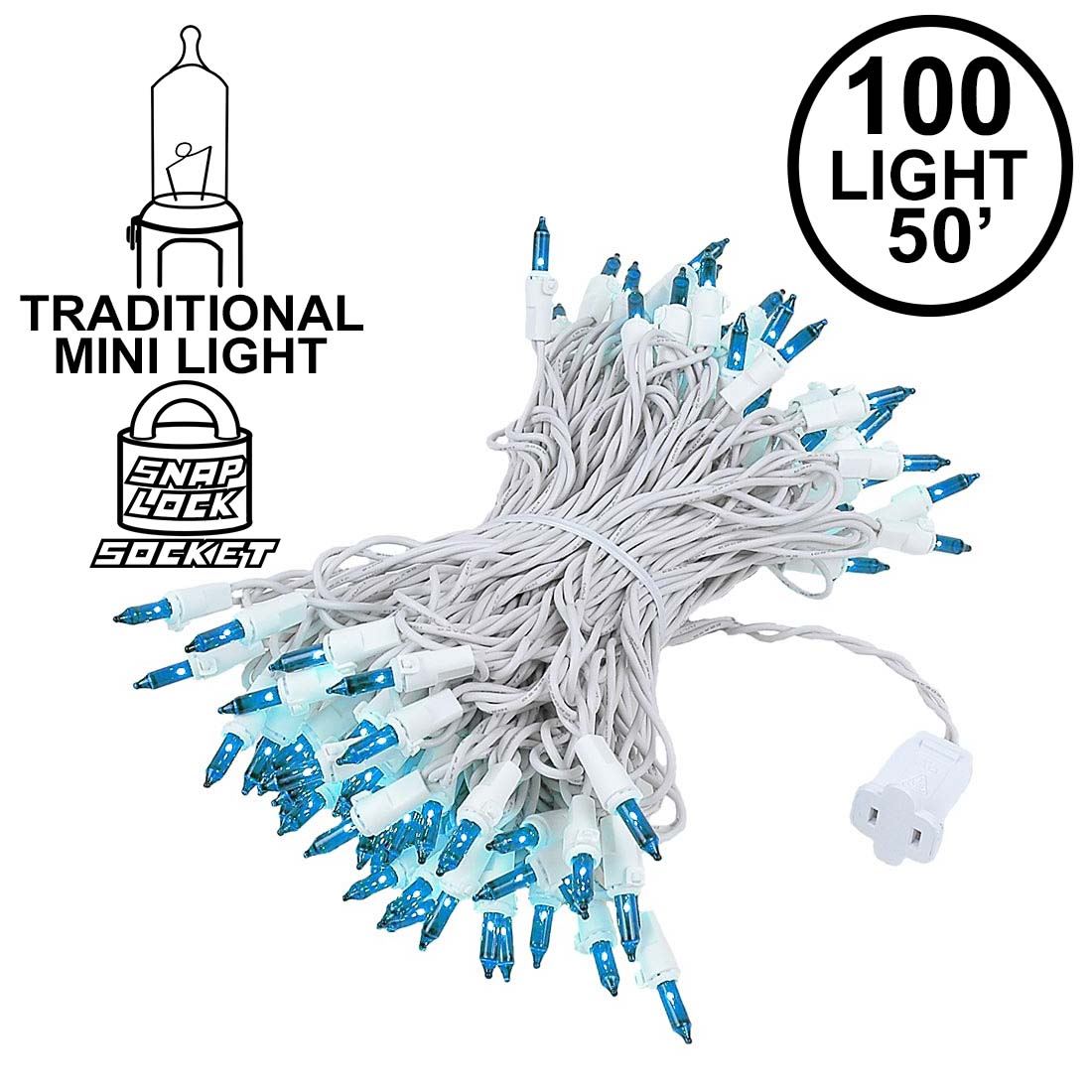 Picture of Teal Christmas Mini Lights 100 Light 50 Feet Long on White Wire
