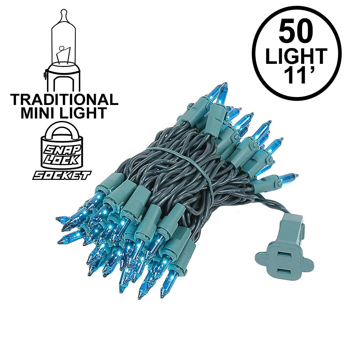 Picture of Teal 50 Light 11' Long Green Wire Christmas Mini Lights