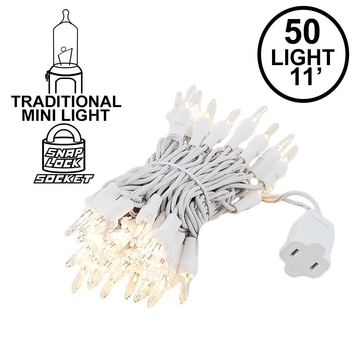 White Wire 50 Light Christmas Mini Light Set 11' Long 