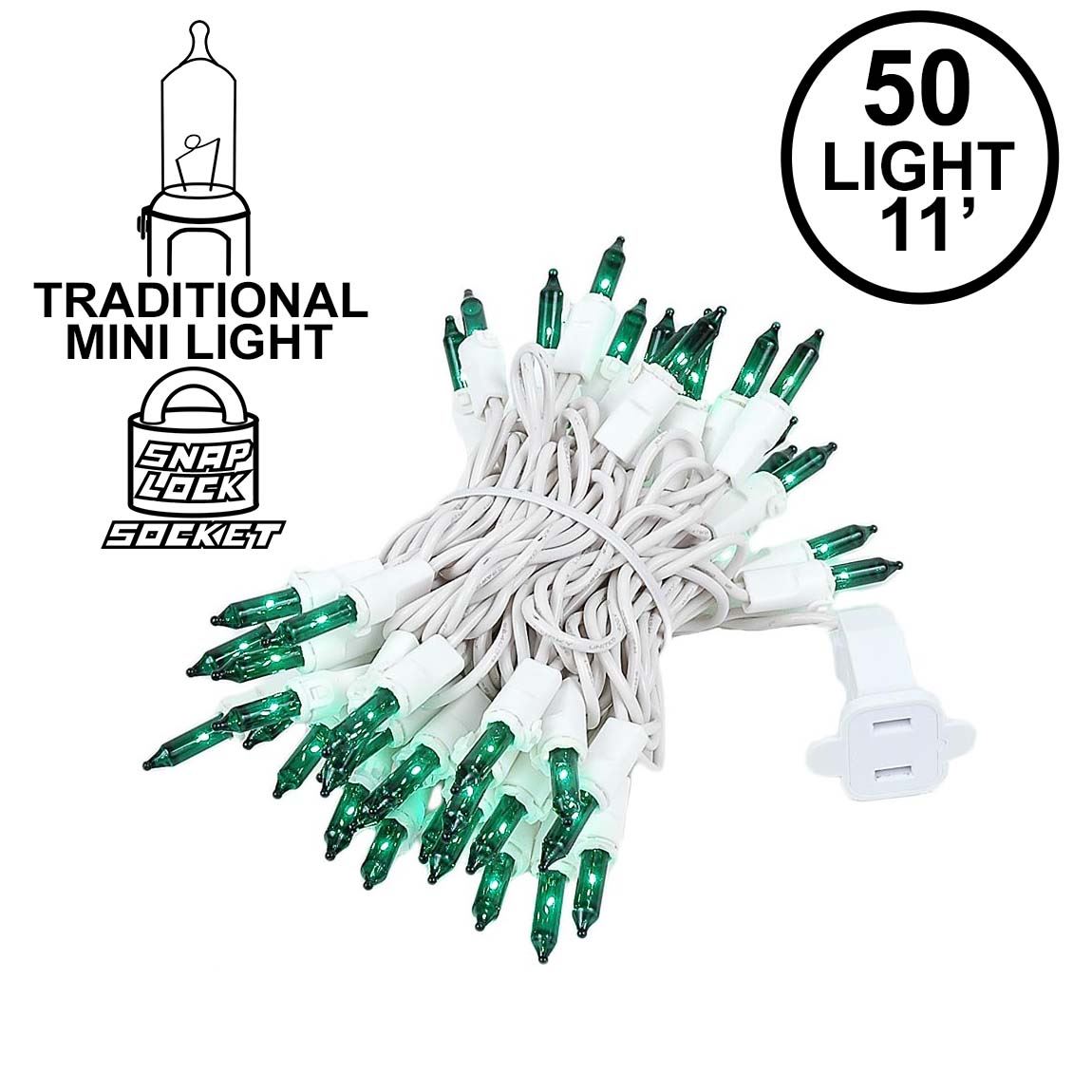 Picture of Green 50 Light 11' Long White Wire Christmas Mini Lights