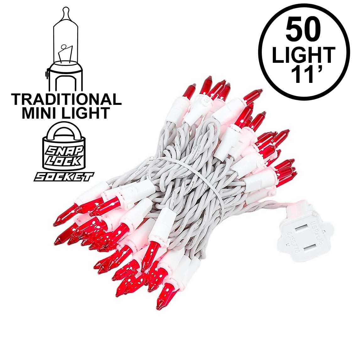 White Wire 11' Long 50 Light Christmas Mini Light Set 