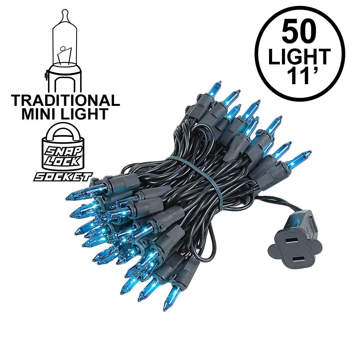 Picture of Teal Christmas Mini Lights 50 Light on Black Wire 11 Feet Long