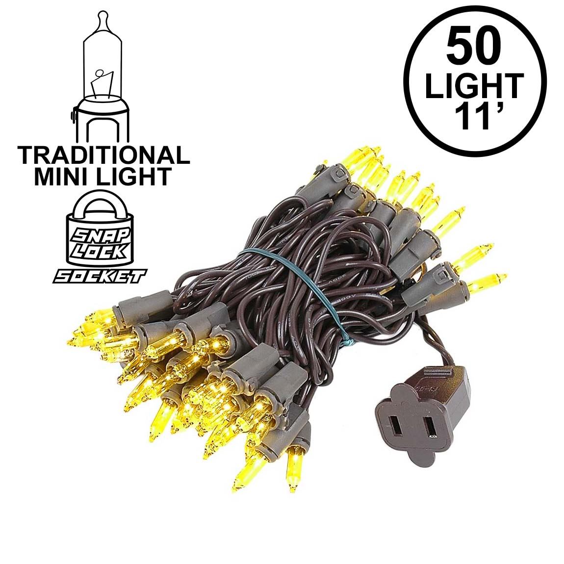 Picture of Yellow Christmas Mini Lights 50 Light on Brown Wire 11 Feet Long