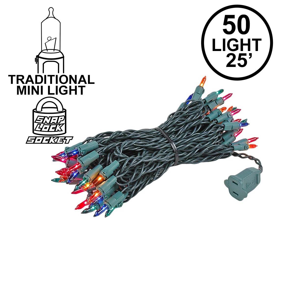 Picture of Multi 50 Light 25' Long Green Wire Christmas Mini Lights