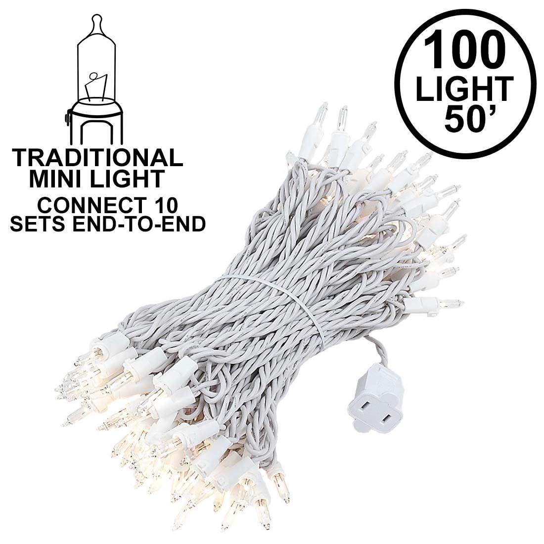 Picture of 100 Light 50' Long White Wire Christmas Mini Lights Connect 10