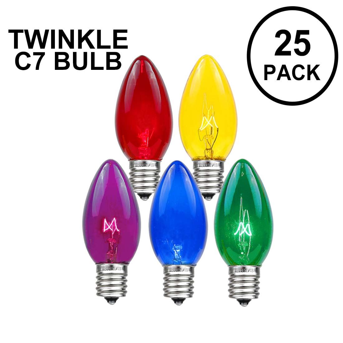 C-7 MULTI-COLOR CLEAR TWINKLE BULBS TRIPLE-DIPPED TRANSPARENT REPLACEMENT 50/BOX 