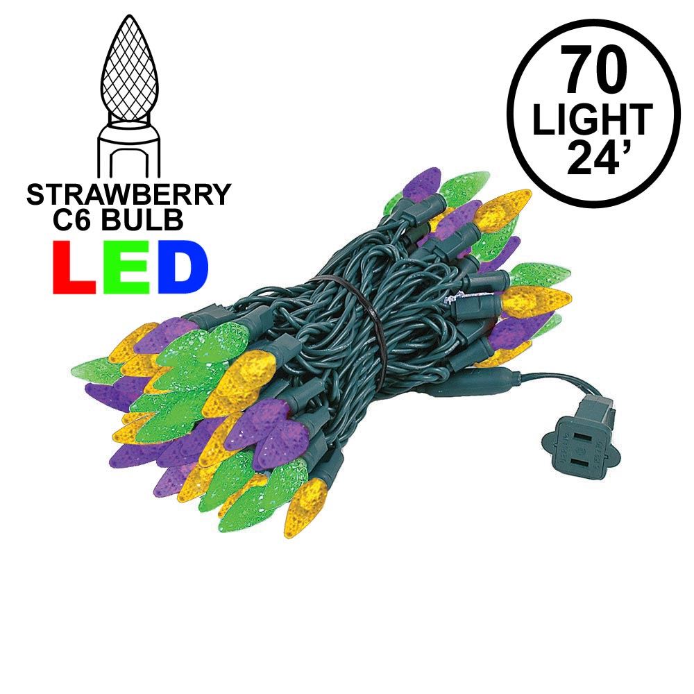 Picture of Purple Green and Yellow 70 LED C6 Strawberry Mini Lights Commercial Grade on Green Wire