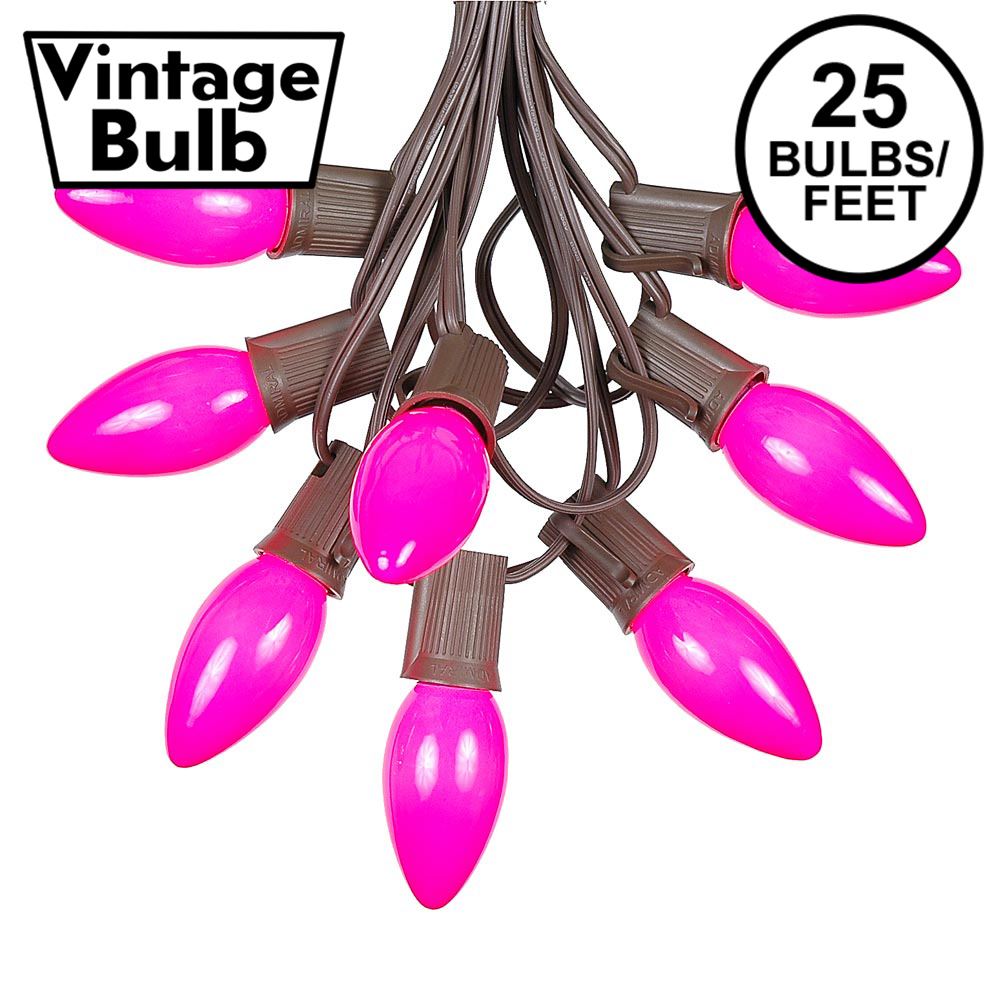 Picture of C9 25 Light String Set with Ceramic Pink Bulbs on Brown Wire
