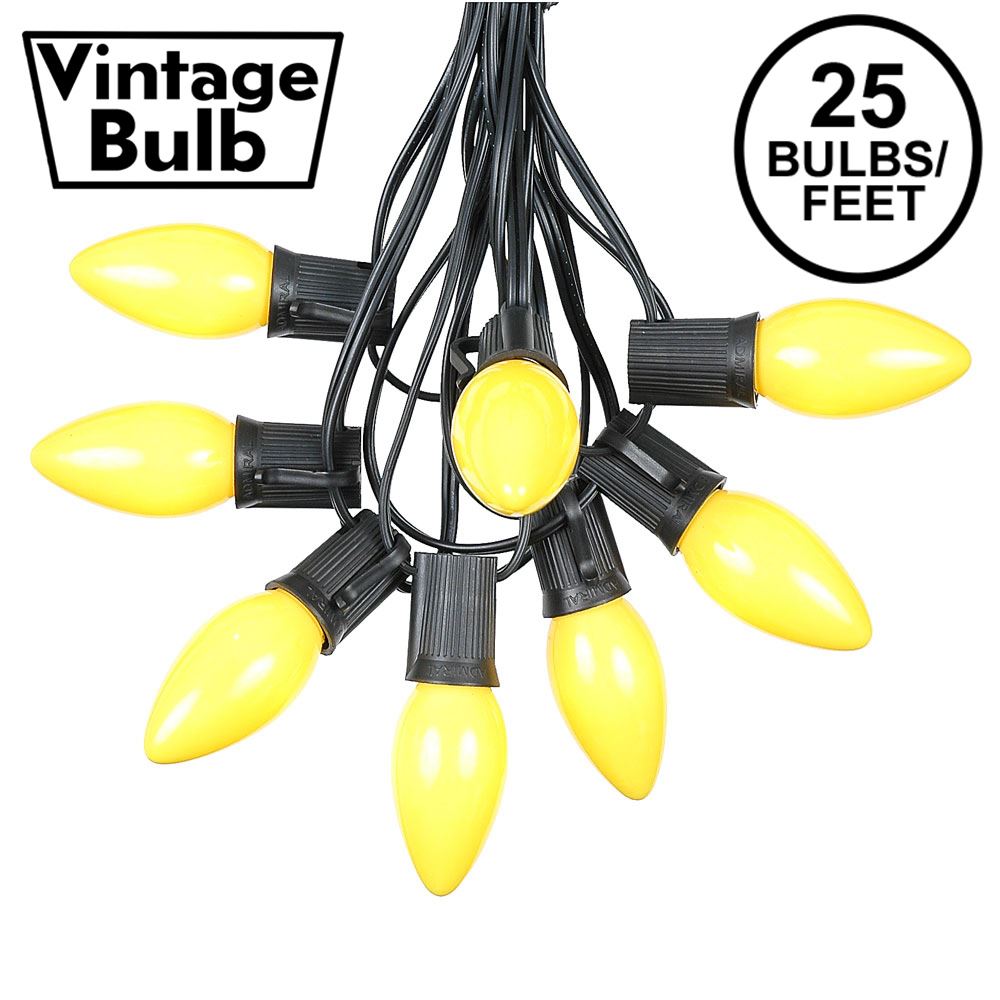 Picture of C9 25 Light String Set with Ceramic Yellow Bulbs on Black Wire