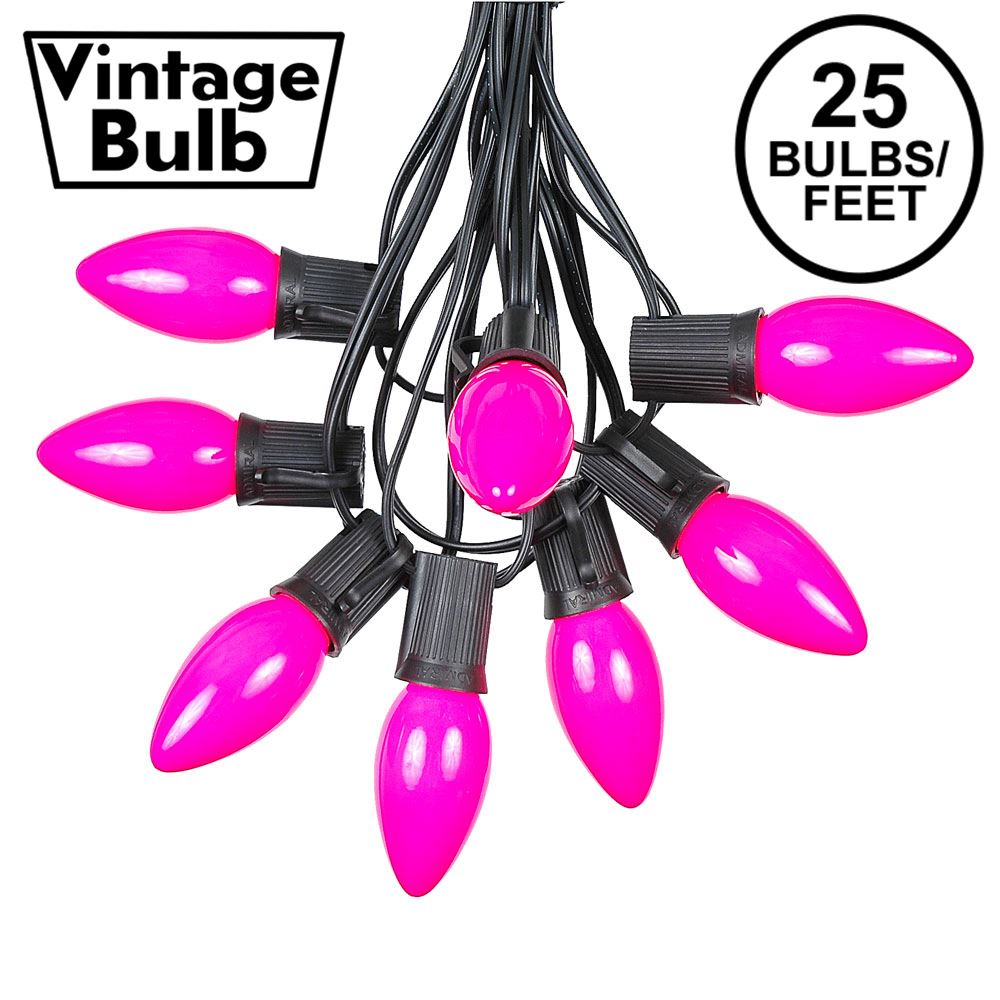Picture of C9 25 Light String Set with Ceramic Pink Bulbs on Black Wire