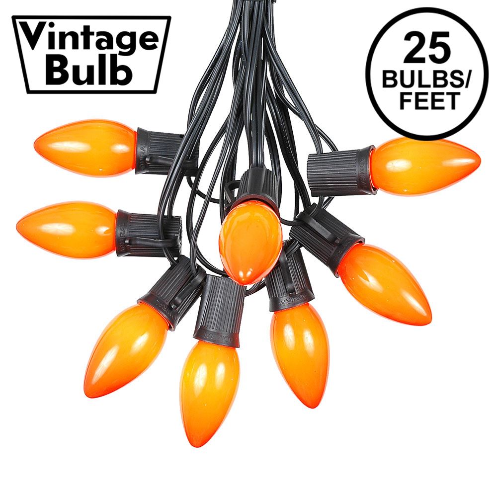 Picture of C9 25 Light String Set with Ceramic Orange Bulbs on Black Wire