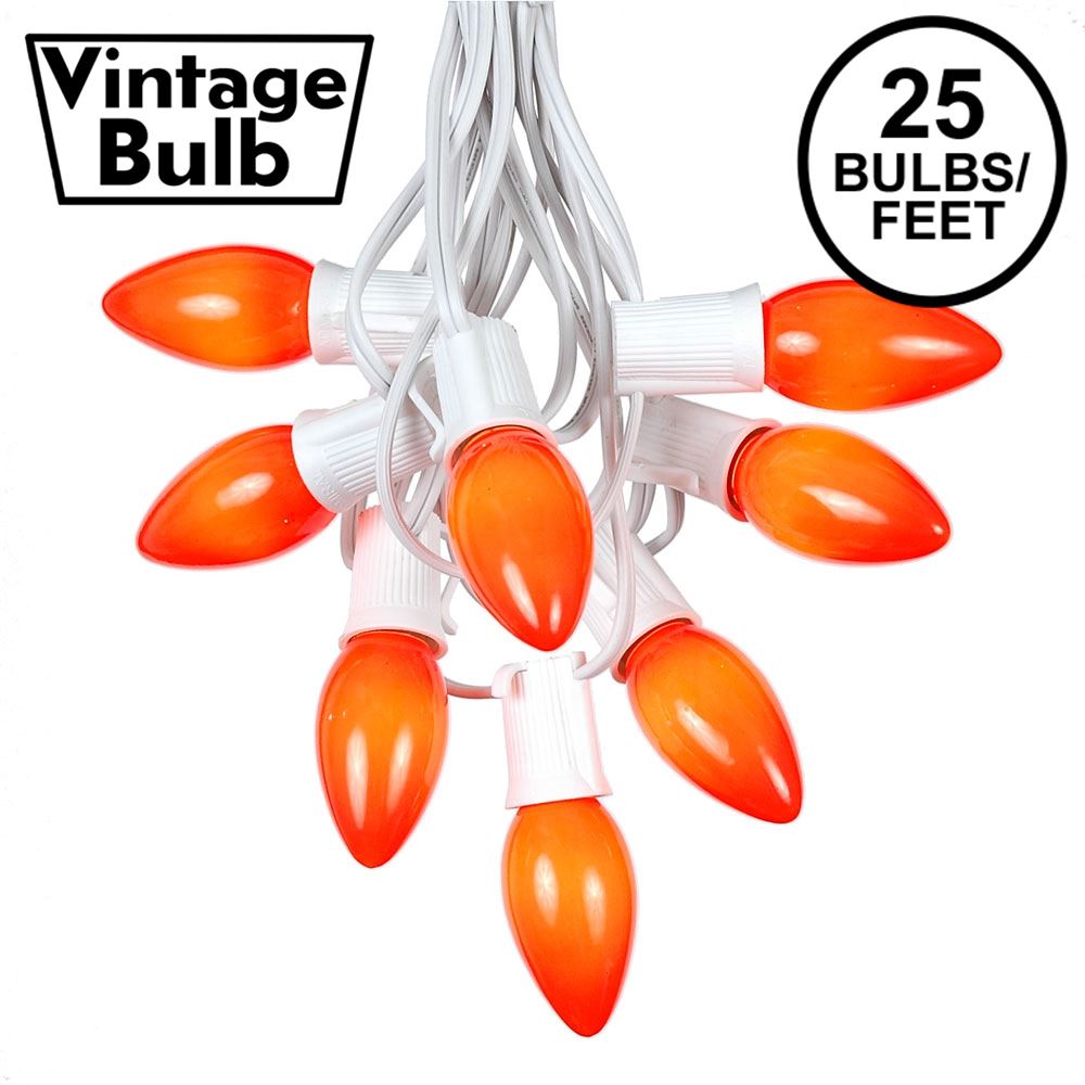 Picture of C9 25 Light String Set with Ceramic Orange Bulbs on White Wire