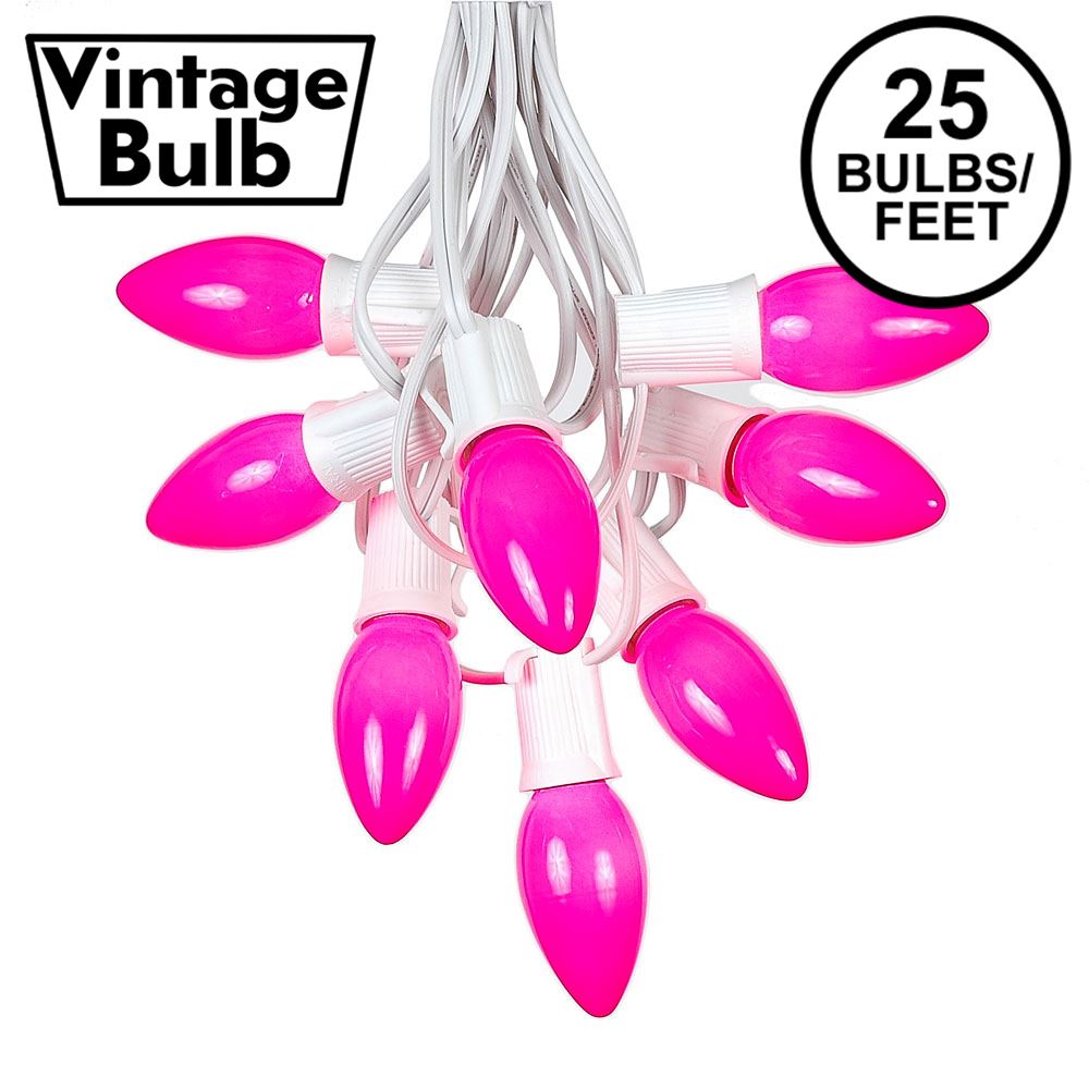 Picture of C9 25 Light String Set with Ceramic Pink Bulbs on White Wire