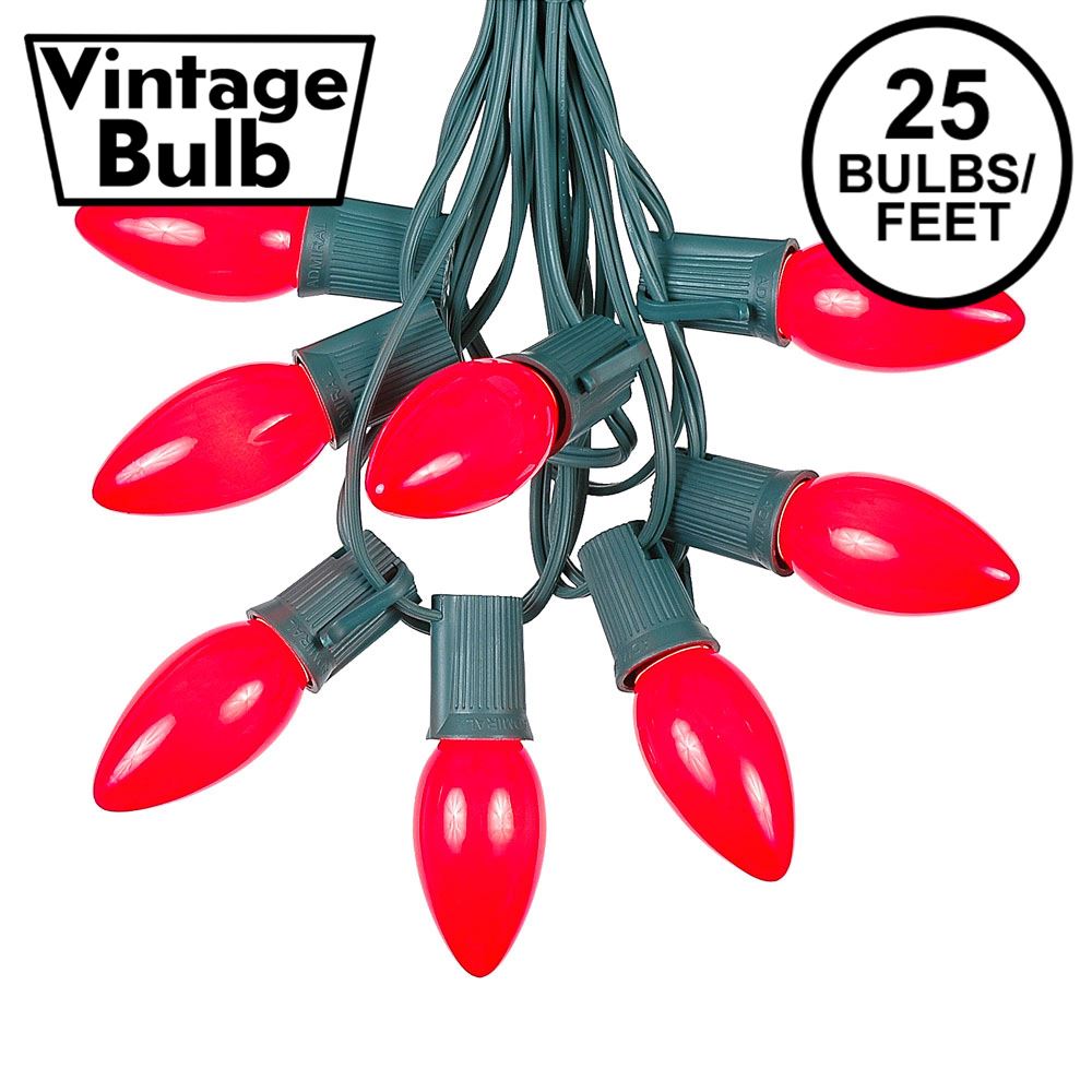 Picture of C9 25 Light String Set with Ceramic Red Bulbs on Green Wire