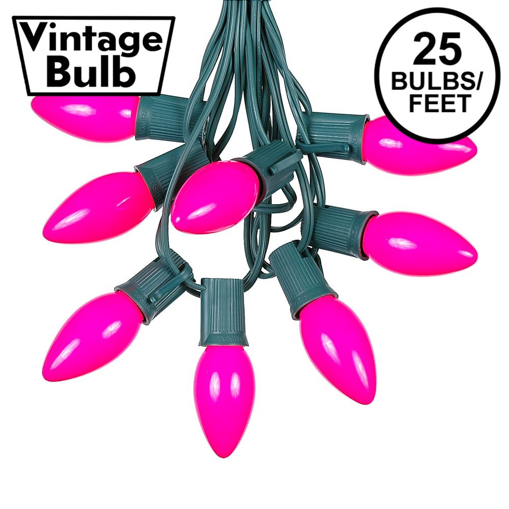 Picture of C9 25 Light String Set with Ceramic Pink Bulbs on Green Wire