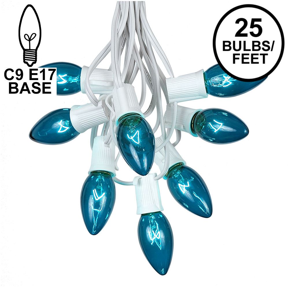 Picture of C9 25 Light String Set with Teal Bulbs on White Wire