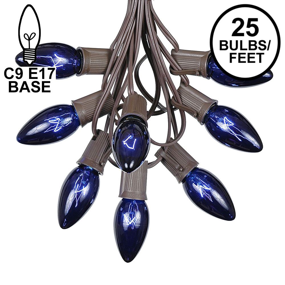 Picture of C9 25 Light String Set with Blue Bulbs on Brown Wire