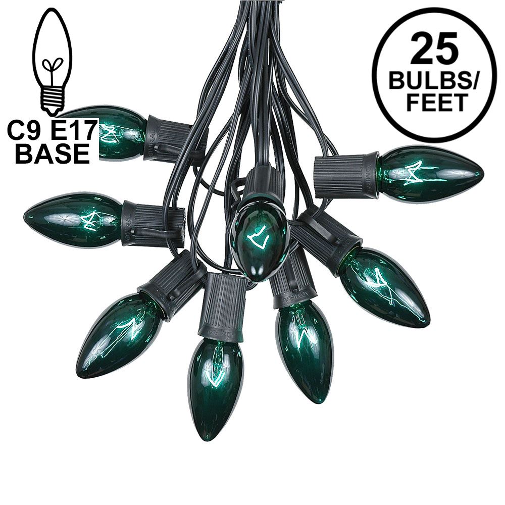 Picture of C9 25 Light String Set with Green Bulbs on Black Wire