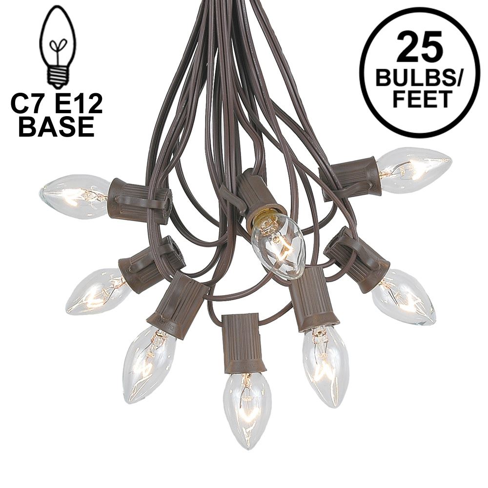Picture of 25 Light String Set with Clear Transparent C7 Bulbs on Brown Wire