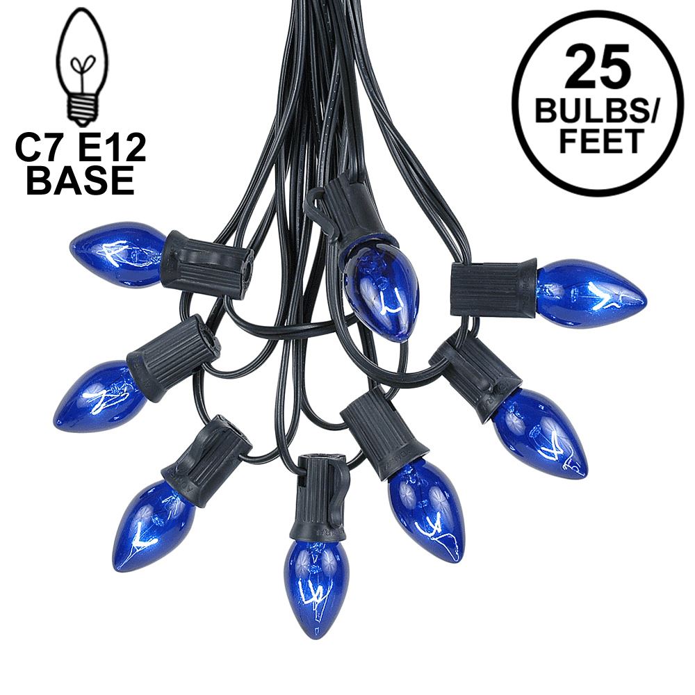 Picture of C7 25 Light String Set with Blue Twinkle Bulbs on Black Wire