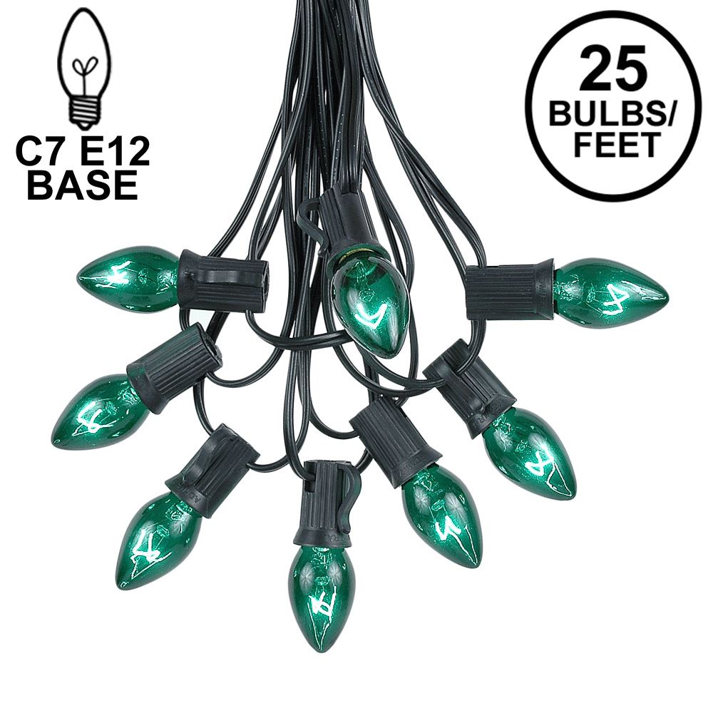 Picture of C7 25 Light String Set with Green Twinkle Bulbs on Black Wire