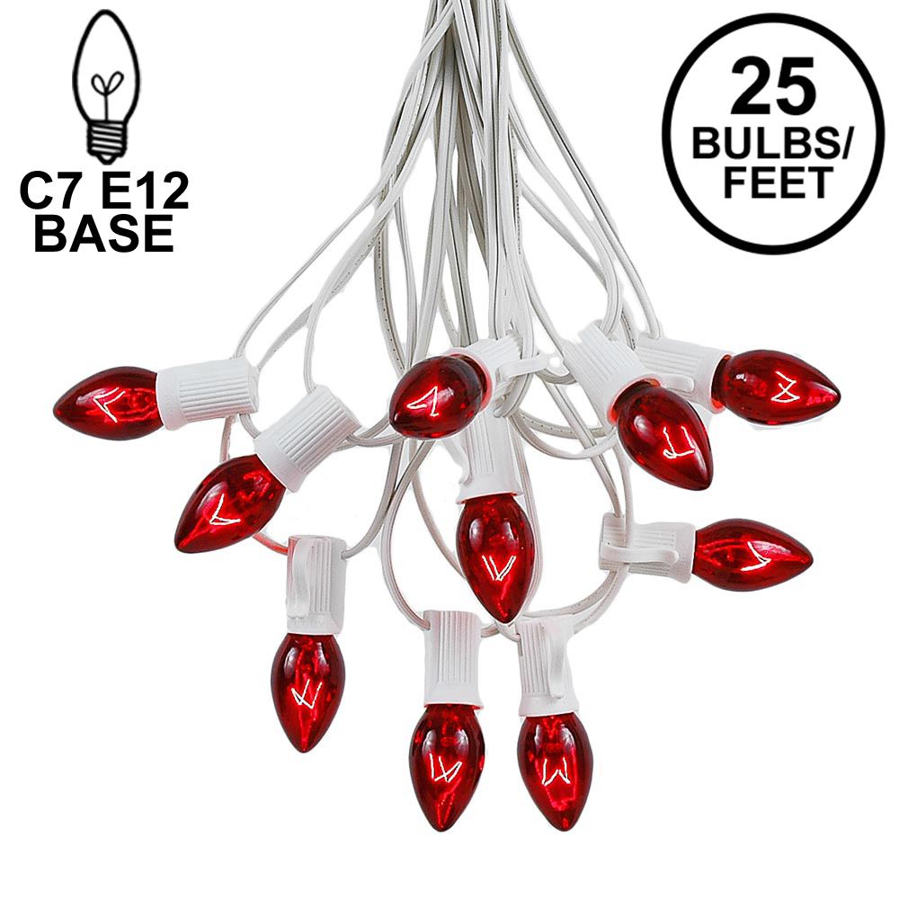 Picture of C7 25 Light String Set with Red Transparent Bulbs on White Wire