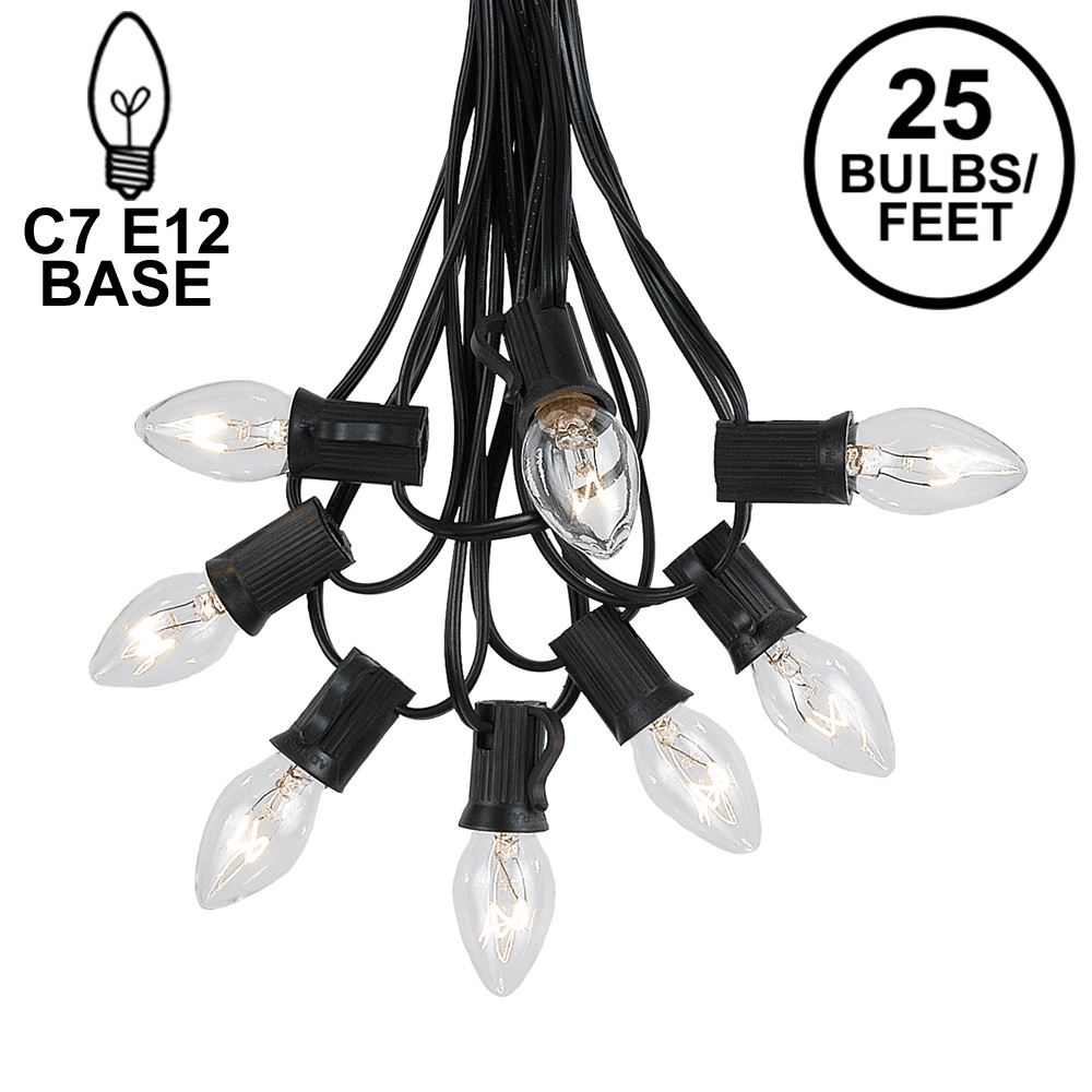 Picture of 25 Light String Set with Clear Transparent C7 Bulbs on Black Wire