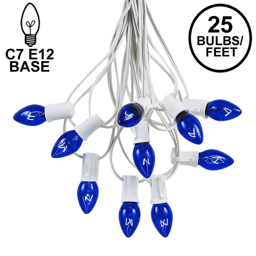 Picture of 25 Light String Set with Blue Transparent C7 Bulbs on White Wire