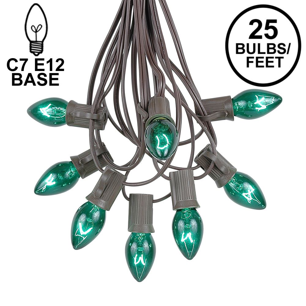 Picture of 25 Light String Set with Green Transparent C7 Bulbs on Brown Wire