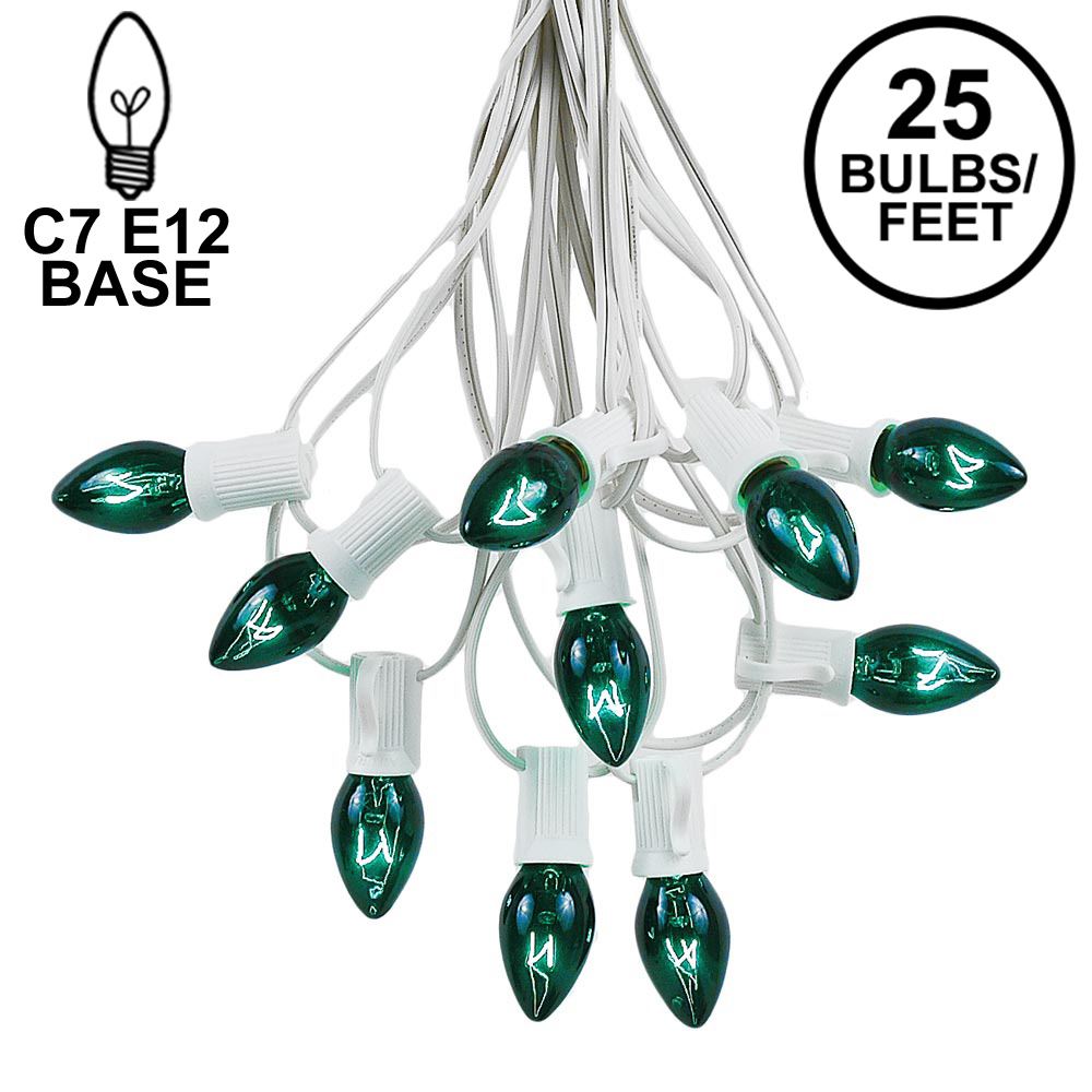 Picture of 25 Light String Set with Green Transparent C7 Bulbs on White Wire