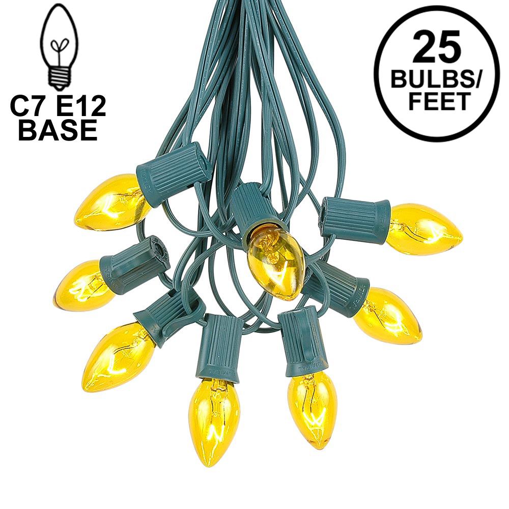 Picture of 25 Light String Set with Yellow/Gold Transparent C7 Bulbs on Green Wire